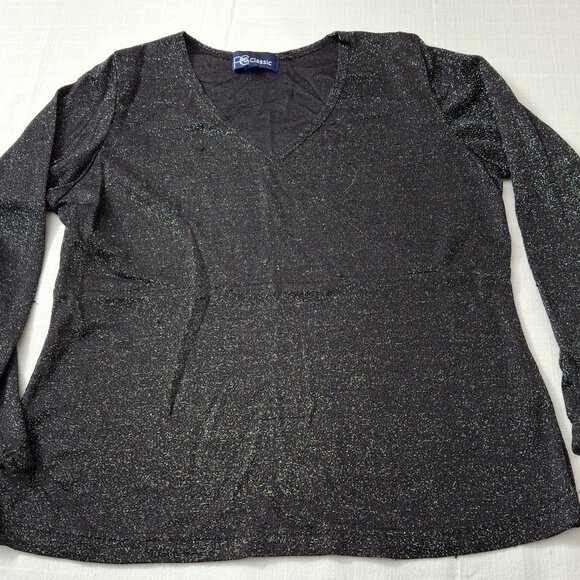 Glitter Black Gold Faux Wrap Empire Shimmer Holiday PartyTop Size L Long Sleeves - Picture 11 of 14